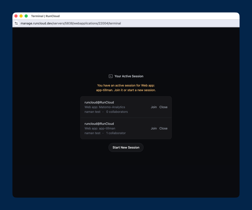 View active sessions in RunCloud