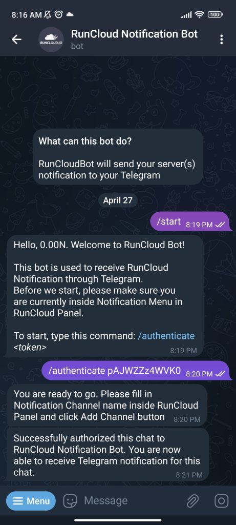 Telegram conversation with the RunCloud Notification Bot showing the authentication command and confirmation message.