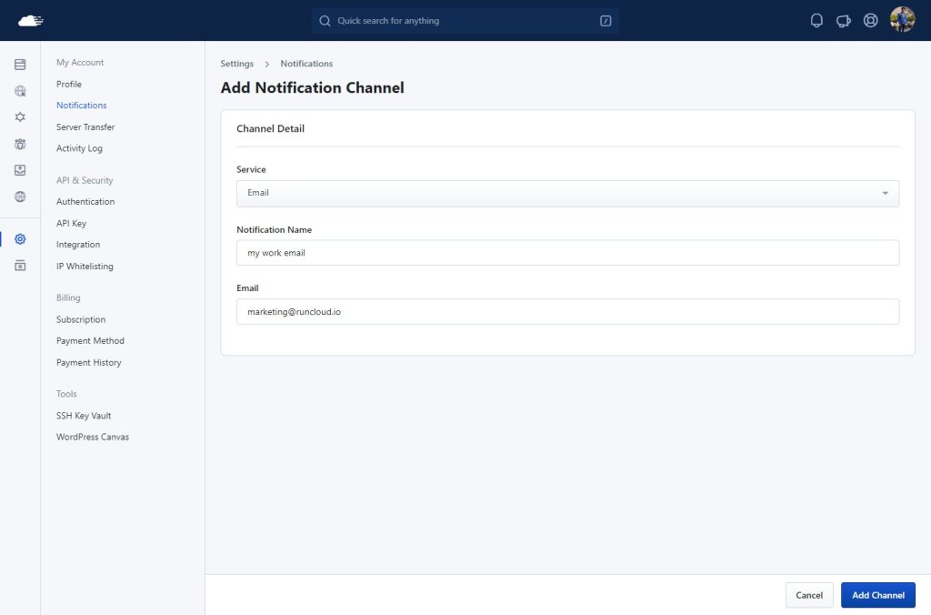 RunCloud Add Notification Channel form configured for email, with fields for the channel name and recipient email address.