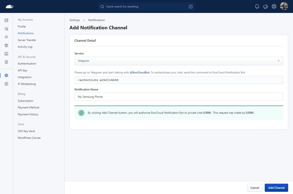RunCloud Add Notification Channel form configured for Telegram, including the notification name and authentication message fields.