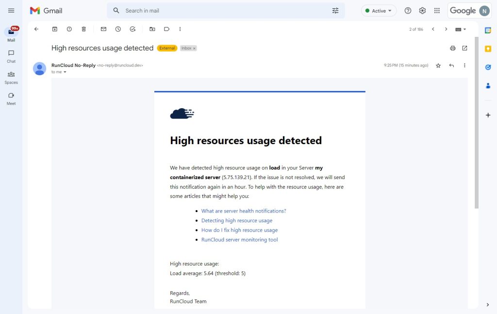 Example RunCloud email alert in Gmail warning that high resource usage has been detected on a server.