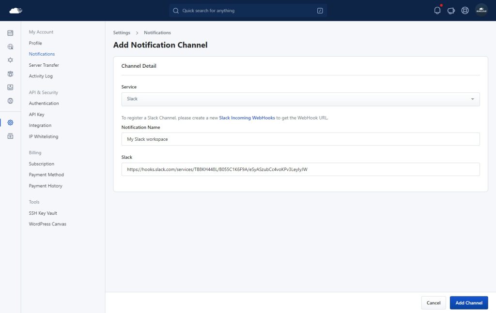RunCloud Add Notification Channel form configured for Slack, with fields for the channel name and Slack webhook URL.